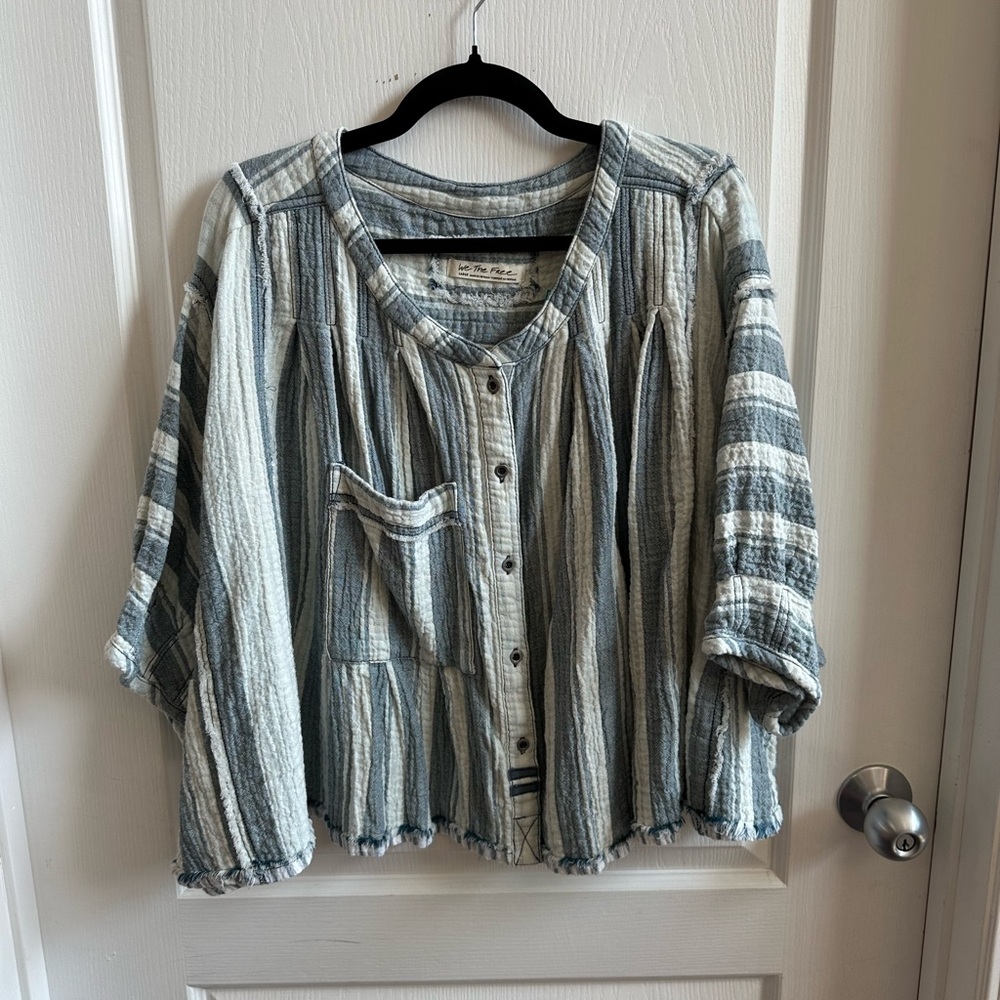 We The Free Striped Button-Up Blouse - Blue and White